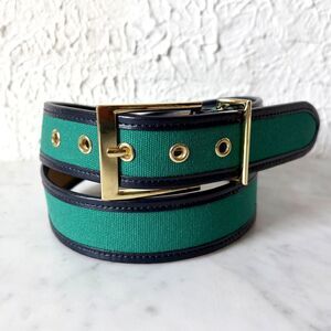 Talbots Belt Green Canvas Navy Leather Trim Gold Tone Buckle Women's L Preppy